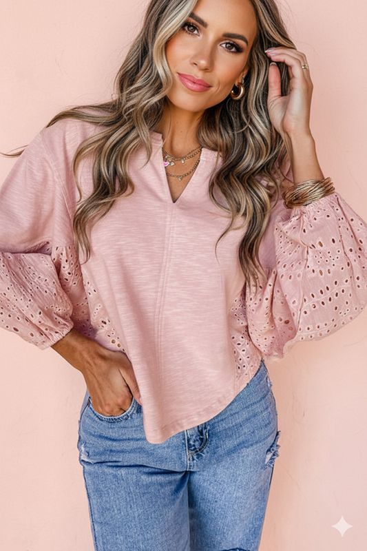Keyhole Notch V Neck Batwing Sleeve Blouse