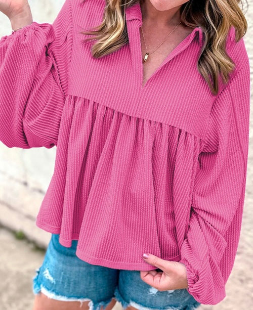 Pink Corded Turn-down V Neck Bubble Sleeve Babydoll Blouse