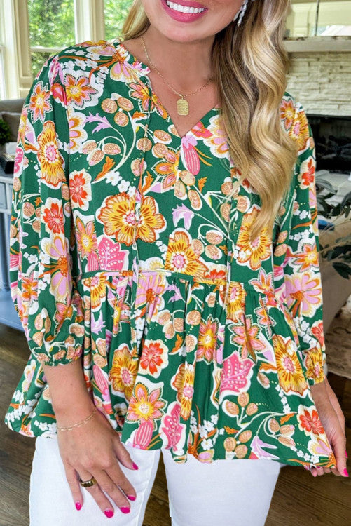 Floral Tied V Neck Long Sleeve Plus Size Babydoll Top