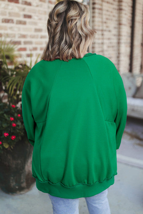 Green Exposed Seam Notched Neck Drop Shoulder Plus Sweatshirt