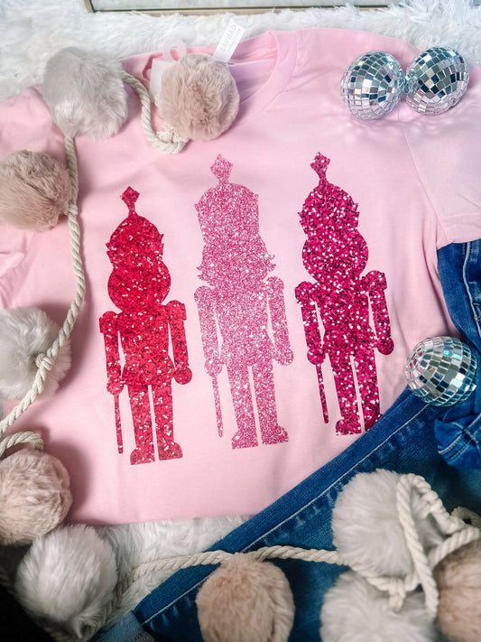 Pink Faux Glitter Nutcracker Christmas Graphic Tee