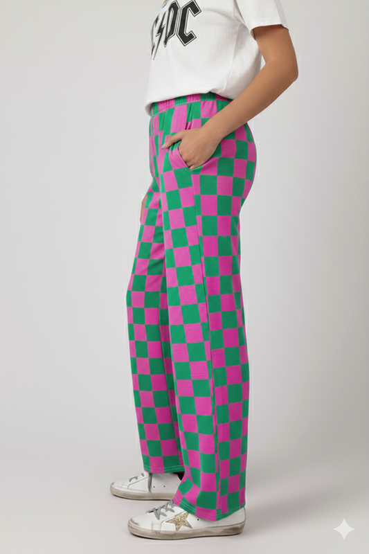 Green 2-Tone Checked Print High Waist Wide Leg Pants