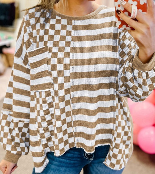 Checkerboard Striped Patchwork Lantern Sleeve Pocketed Blouse