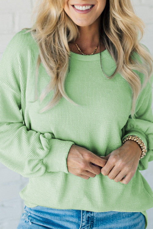 Moonlight Jade Solid Cord Ribbed Drop Shoulder Pullover Top