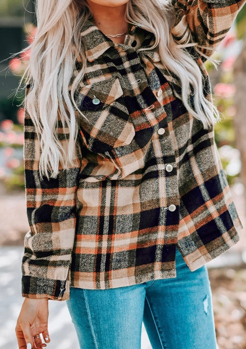 Geometric Plaid Print Pocketed Shacket