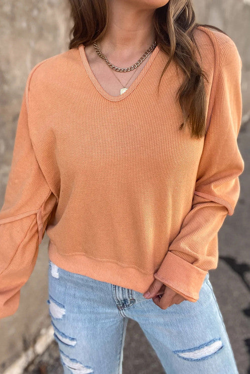 Solid Long Sleeve V Neck Corded Top