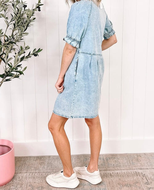 Mineral Wash Ruffled Short Sleeve Buttoned Denim Dress