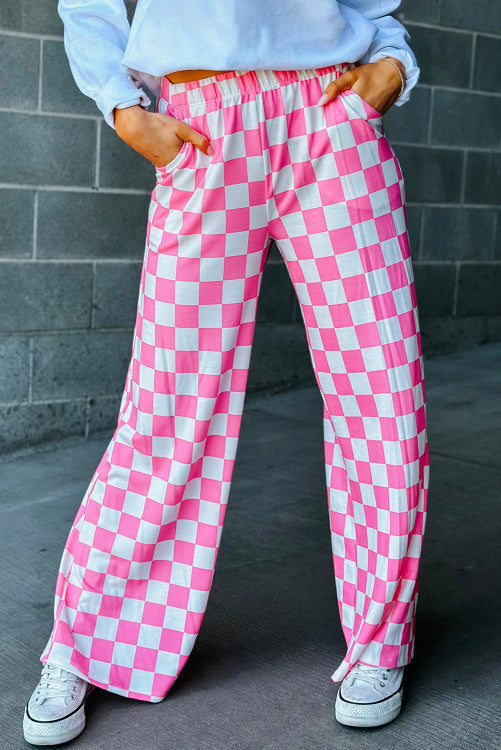 Checked Print High Waist Wide Leg Pants