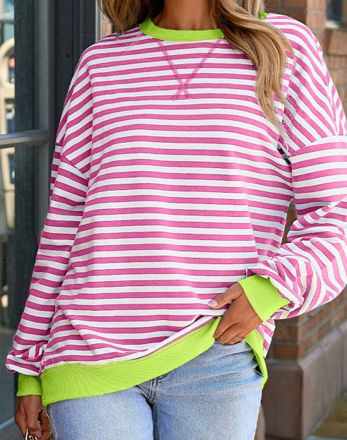 Striped Contrast Ribbed Trim Crossed Stitch Drop Shoulder Sweatshirt