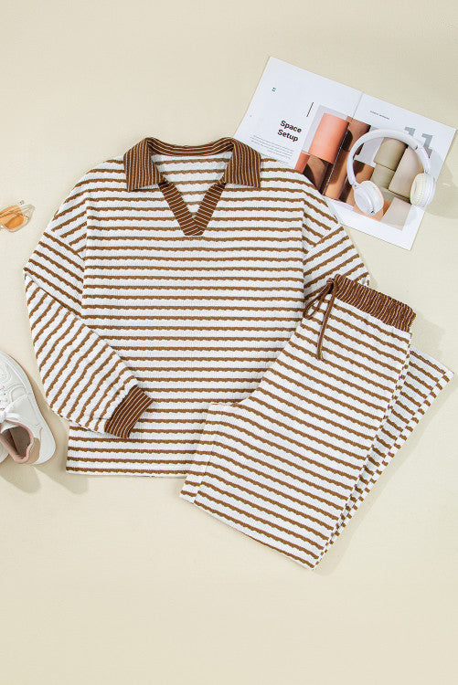Striped Collared Pullover Top and Drawstring Pant Set