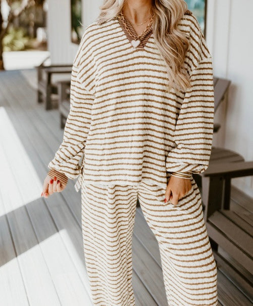 Striped Collared Pullover Top and Drawstring Pant Set