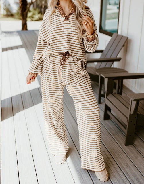 Striped Collared Pullover Top and Drawstring Pant Set