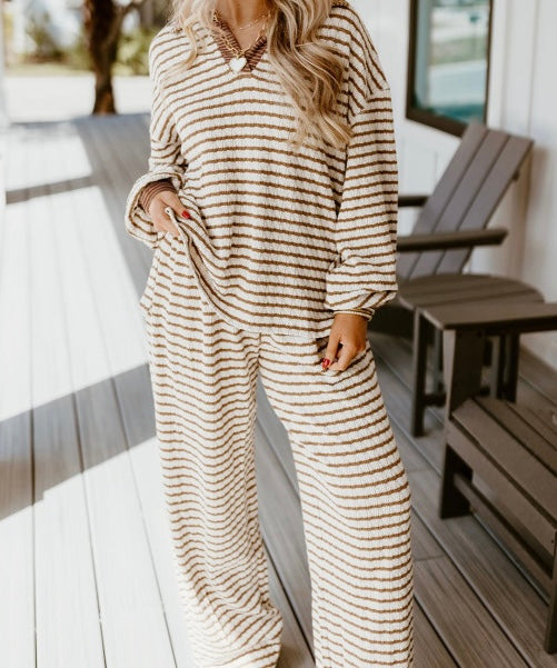 Striped Collared Pullover Top and Drawstring Pant Set