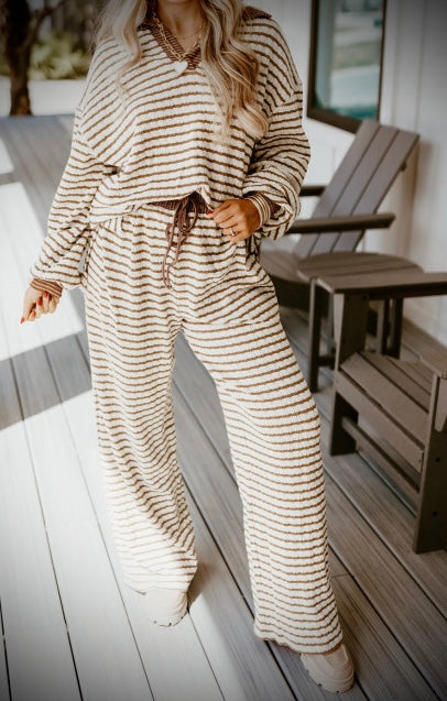 Striped Collared Pullover Top and Drawstring Pant Set