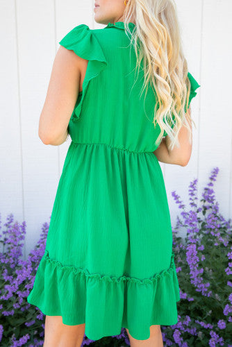 St Pattys Green Split V Neck Elastic Waist Ruffled Dress