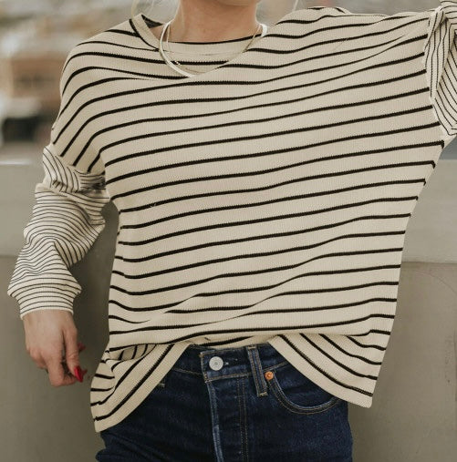 Striped Patchwork Loose Long Sleeve Tee