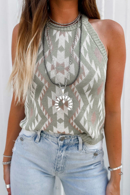 Laurel Green Western Tribal Aztec Pattern Knit Sweater Tank