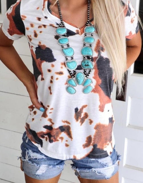 White Cow Pattern Print Short Sleeve V Neck T Shirt