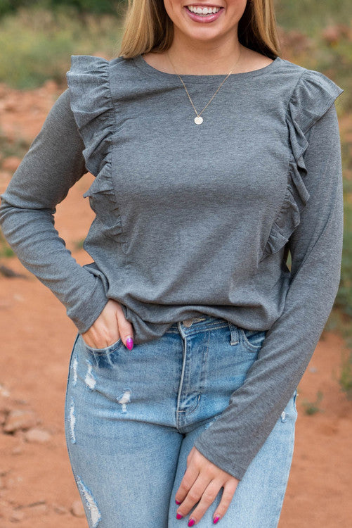 Ruffled Crew Neck Long Sleeve Top