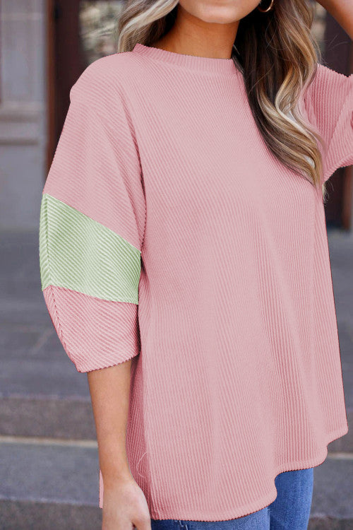 Color Block Ribbed Knit Quarter Sleeve Top