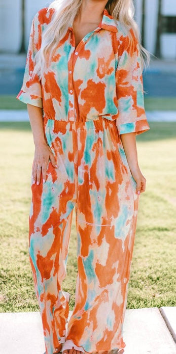 Boho Tie Dye Pleated Shirt Collar Loose Jumpsuit