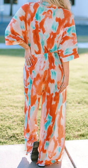 Boho Tie Dye Pleated Shirt Collar Loose Jumpsuit