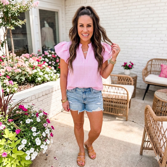 Stripe Short Bubble Sleeve Split V Neck Blouse