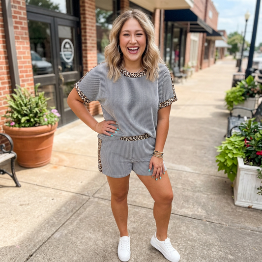 Leopard Trim Twist Ribbed Short Set