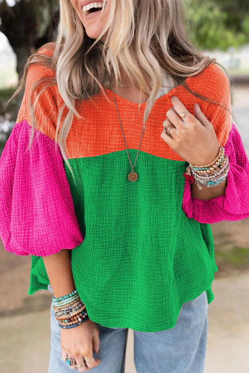 Crinkle Bubble Sleeve Color Block Blouse