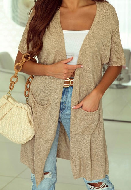 Dolman Half Sleeve Pocketed Long Cardigan