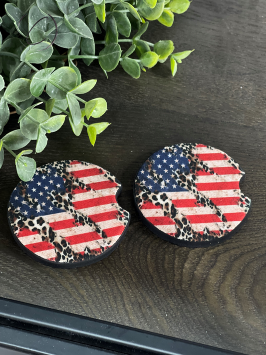 Leopard American Flag Car Coaster Set