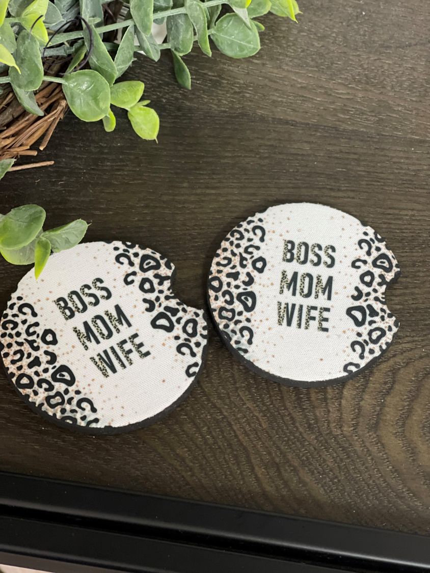 Leopard Boss Mom Wife Neoprene Car Coaster Set