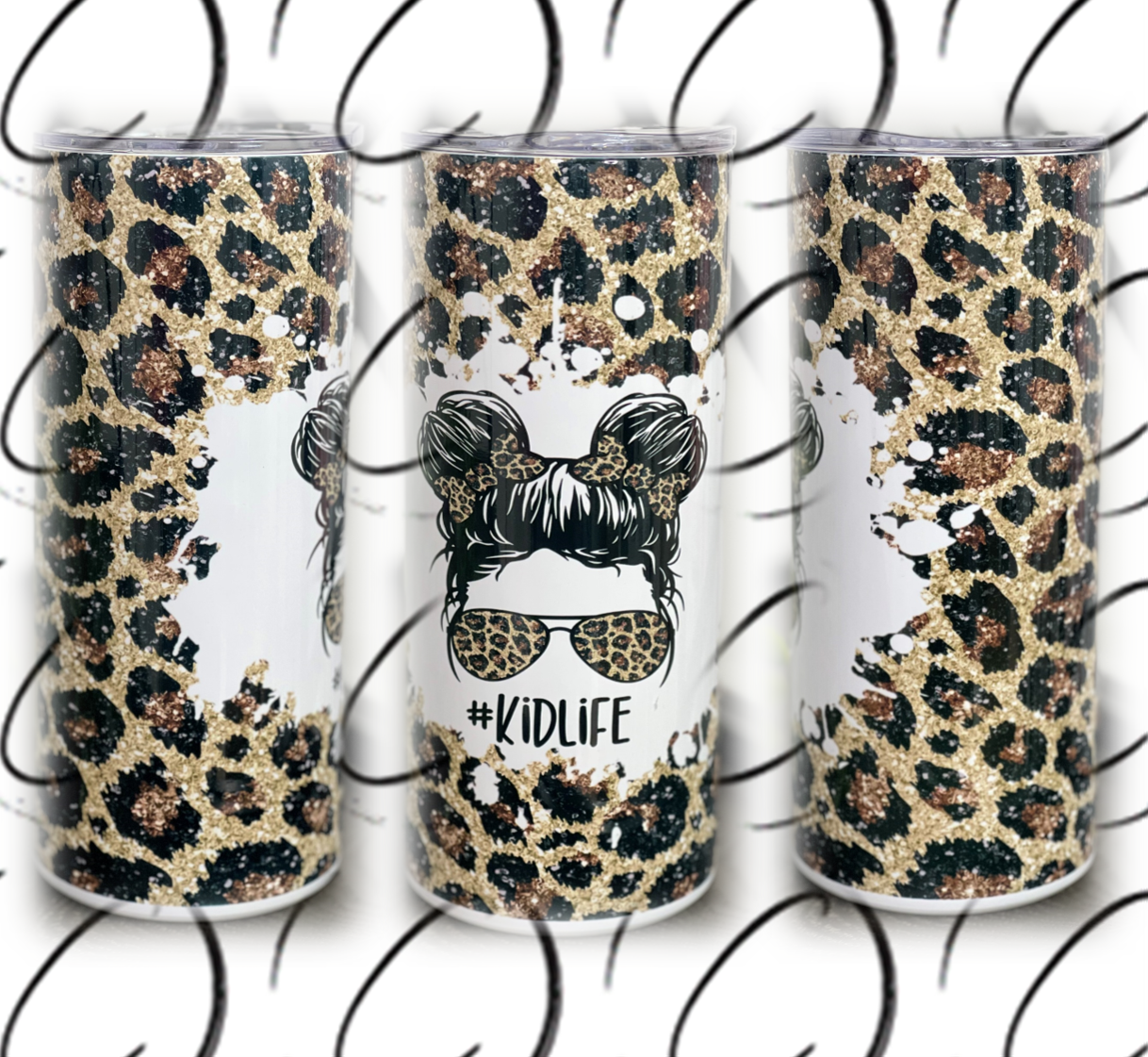 Leopard Messy Bun #Kidlife 15oz Kids Skinny Tumbler