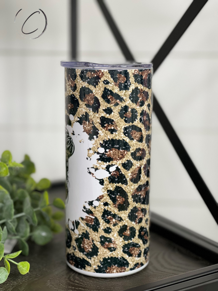 Leopard Messy Bun #Kidlife 15oz Kids Skinny Tumbler