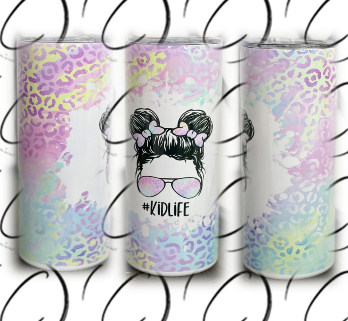 Pastel Leopard Messy Bun #Kidlife 15oz Kids Skinny Tumbler