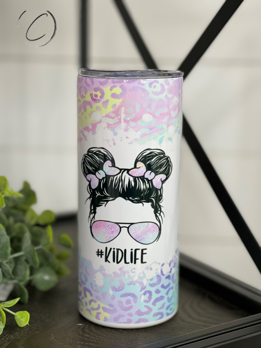 Pastel Leopard Messy Bun #Kidlife 15oz Kids Skinny Tumbler