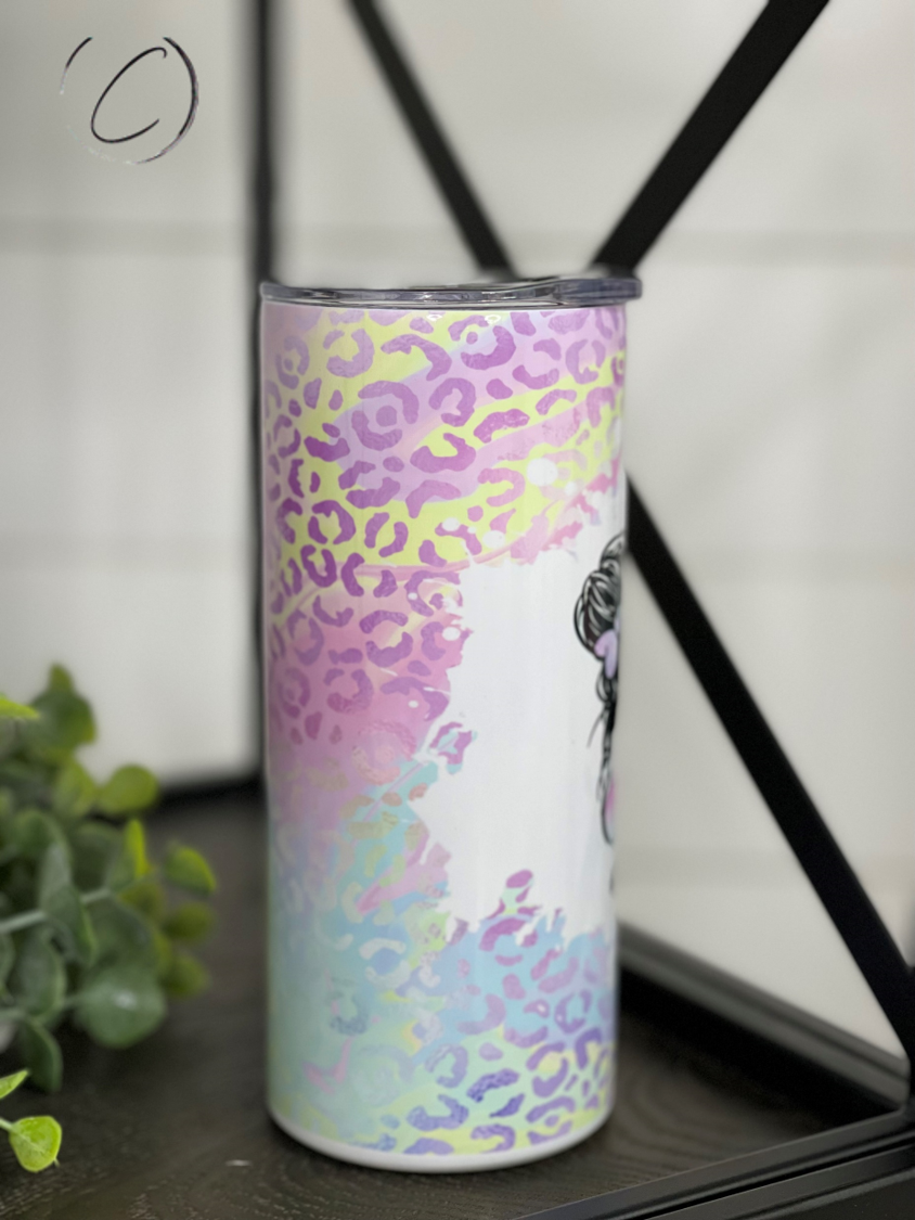 Pastel Leopard Messy Bun #Kidlife 15oz Kids Skinny Tumbler