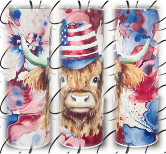 Patriotic Alcohol Ink Highland Cow 20oz Skinny Tumbler