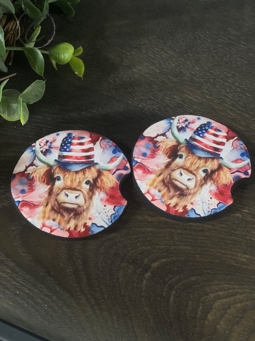 Patriotic Alcohol Ink Highland Cow Car Coaster Set