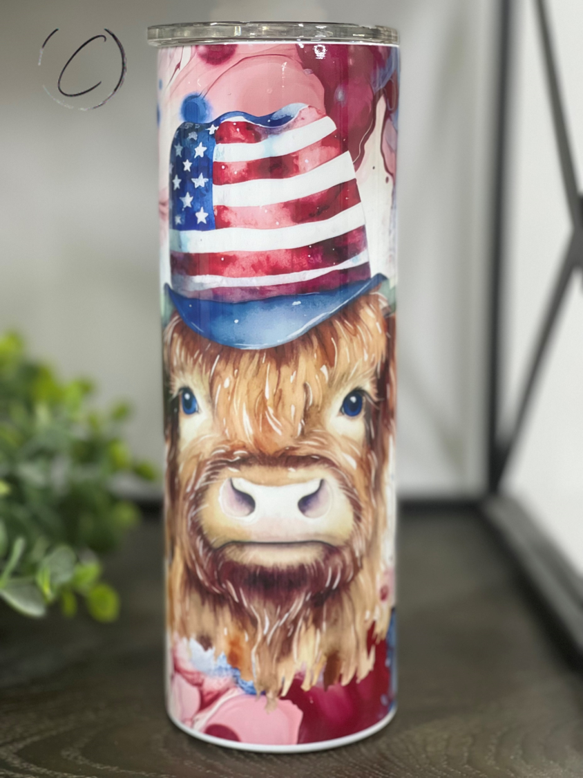 Patriotic Alcohol Ink Highland Cow 20oz Skinny Tumbler