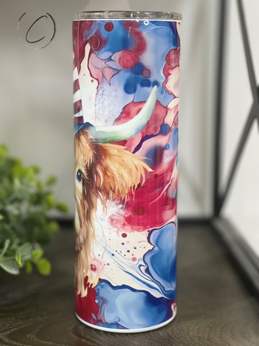 Patriotic Alcohol Ink Highland Cow 20oz Skinny Tumbler