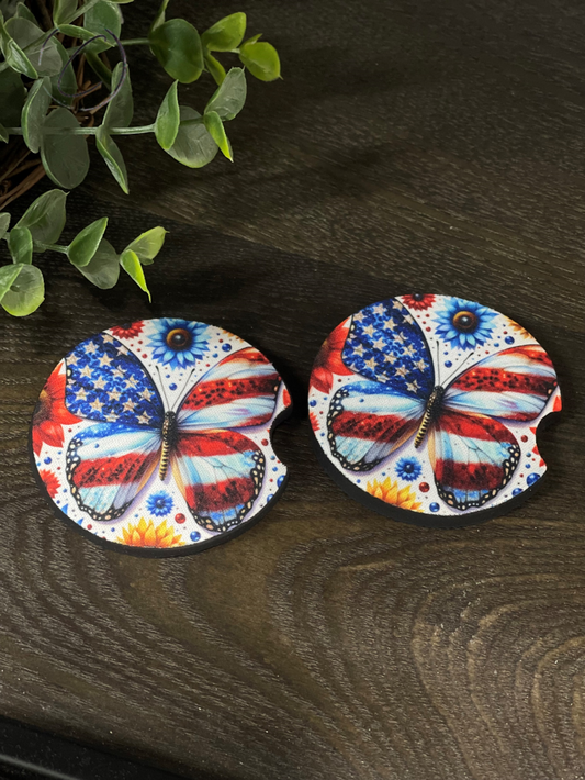 Patriotic Butterfly Car Coaster Set