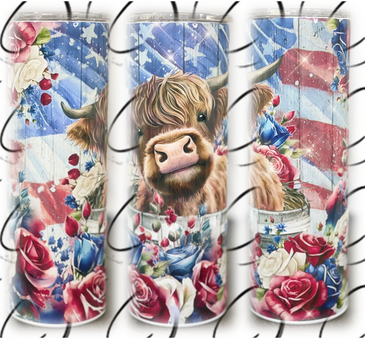 Patriotic Floral Highland Calf 20oz Skinny Tumbler