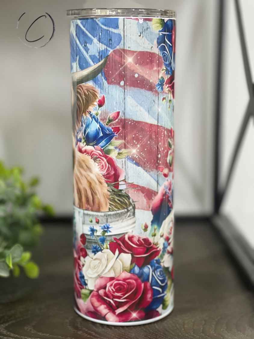 Patriotic Floral Highland Calf 20oz Skinny Tumbler