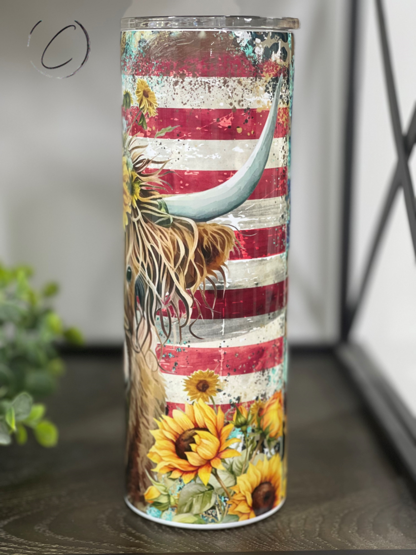 Patriotic Sunflower Highland Cow 20oz Skinny Tumbler