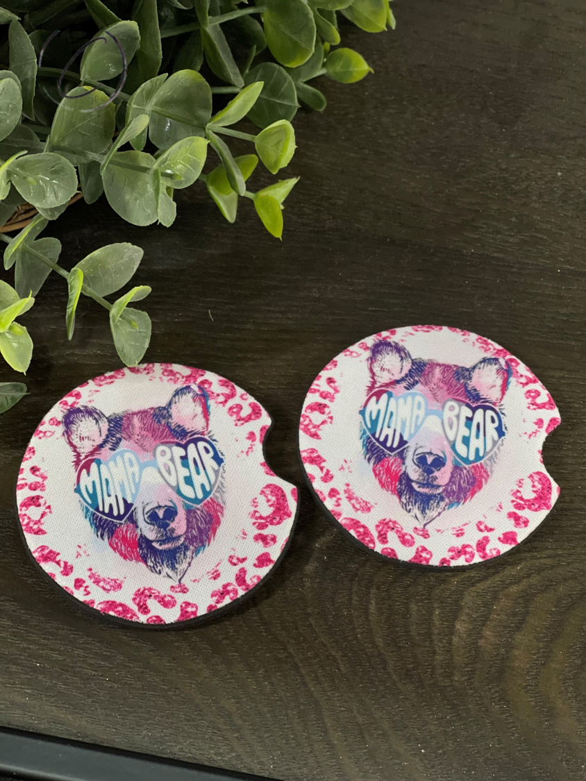 Pink Leopard Mama Bear Car Coaster Set