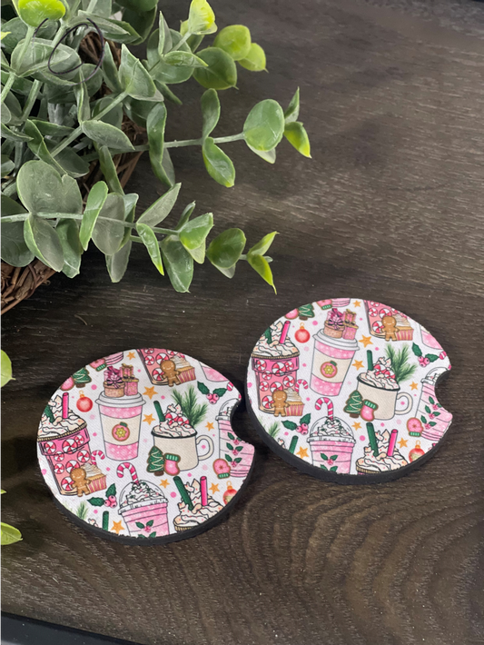 Pink Peppermint Christmas Car Coaster Set