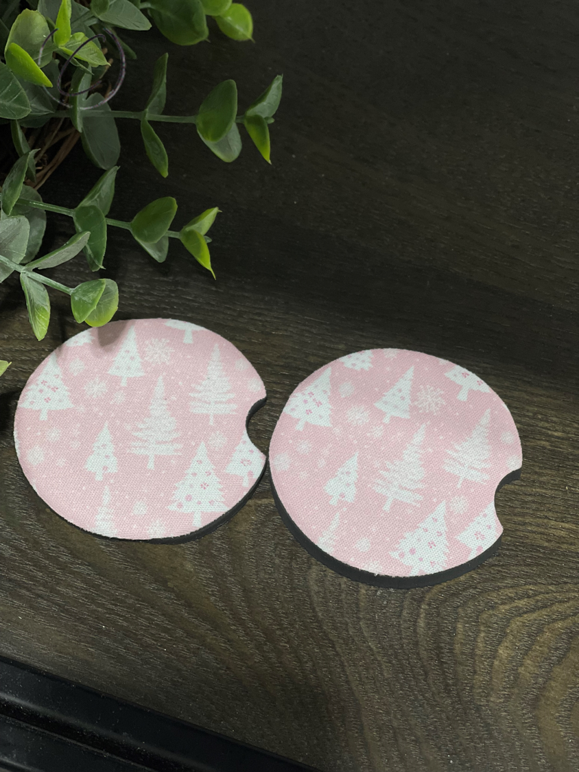 Pink & White Christmas Trees Car Coaster Set