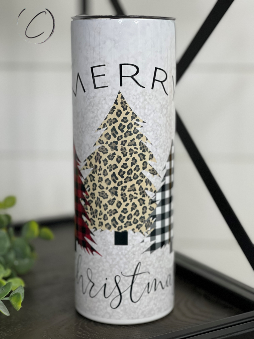 Plaid & Leopard Merry Christmas Trees 20oz Skinny Tumbler