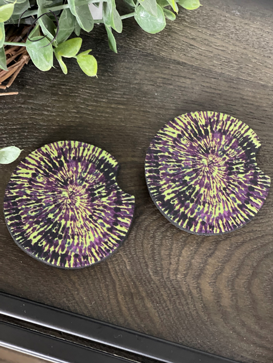 Purple & Green Tie Dye Neoprene Car Coaster Set